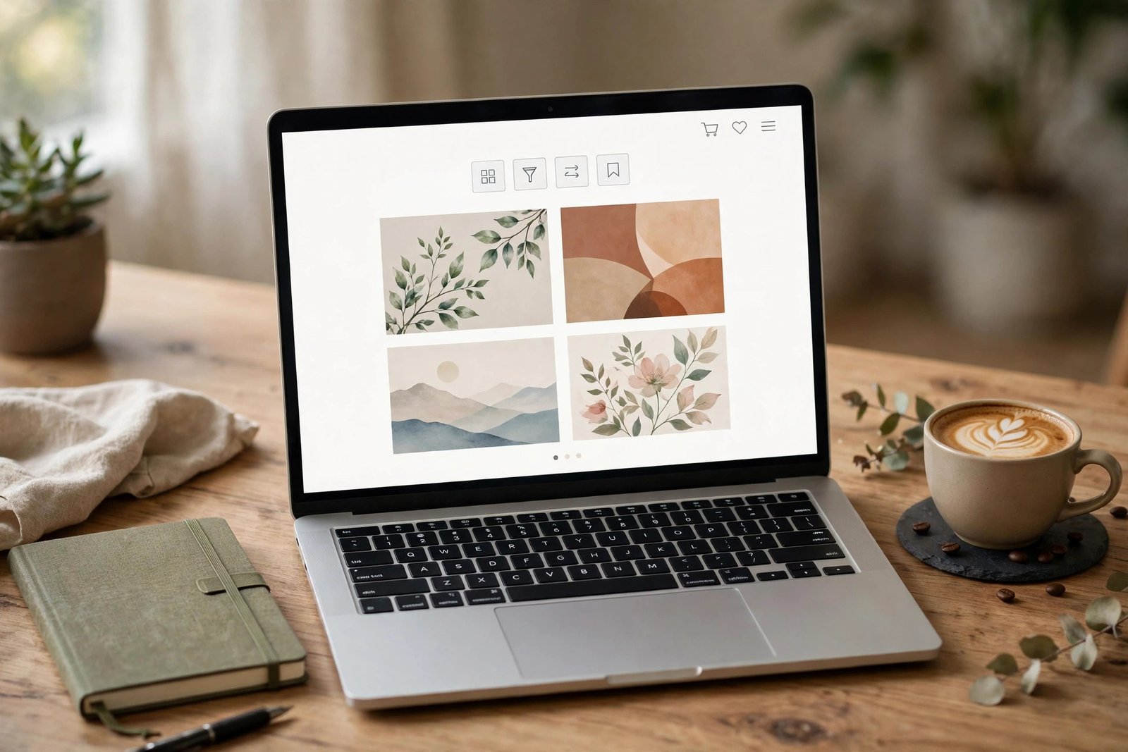 A laptop on a desk displaying a clean online shop page with art prints, a notebook and coffee cup beside it