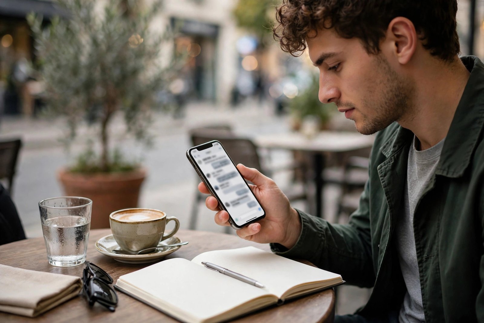 A person testing a chat assistant on a smartphone while sitting at a cafe table with a notebook