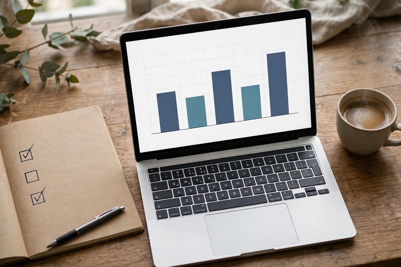 A desk with a laptop showing a simple monthly report chart, a notebook with a short checklist, and a coffee cup