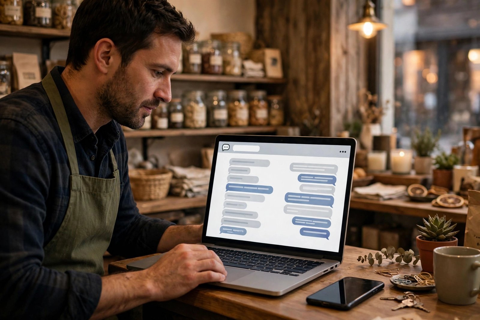 A small business owner at a shop counter using a laptop showing a simple chat window, with a phone nearby