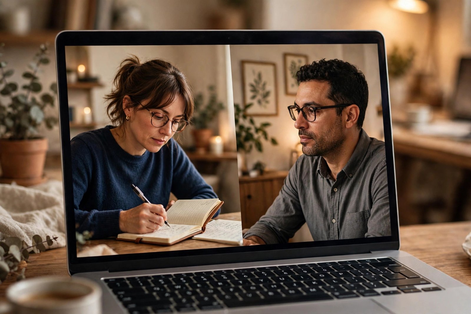 Two professionals on a video call on a laptop screen, one taking notes in a notebook, in warm home office light