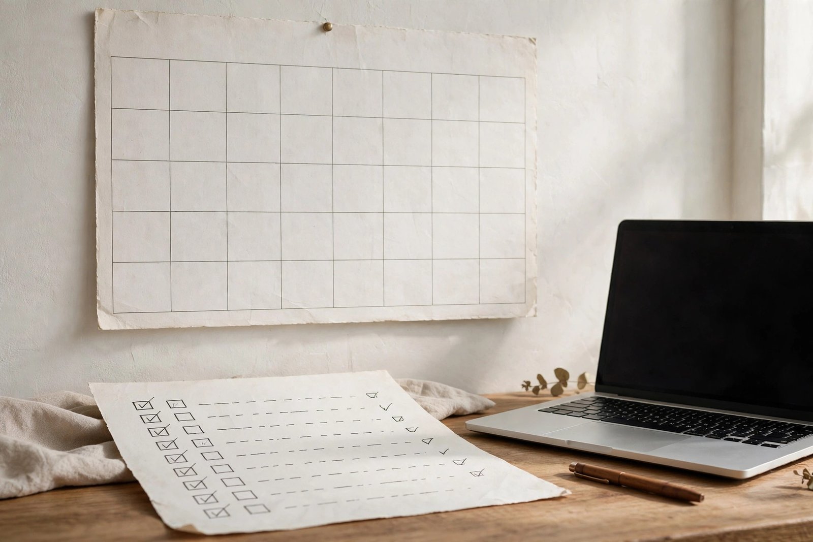 A paper wall calendar and a handwritten checklist on a desk beside a laptop and a pen