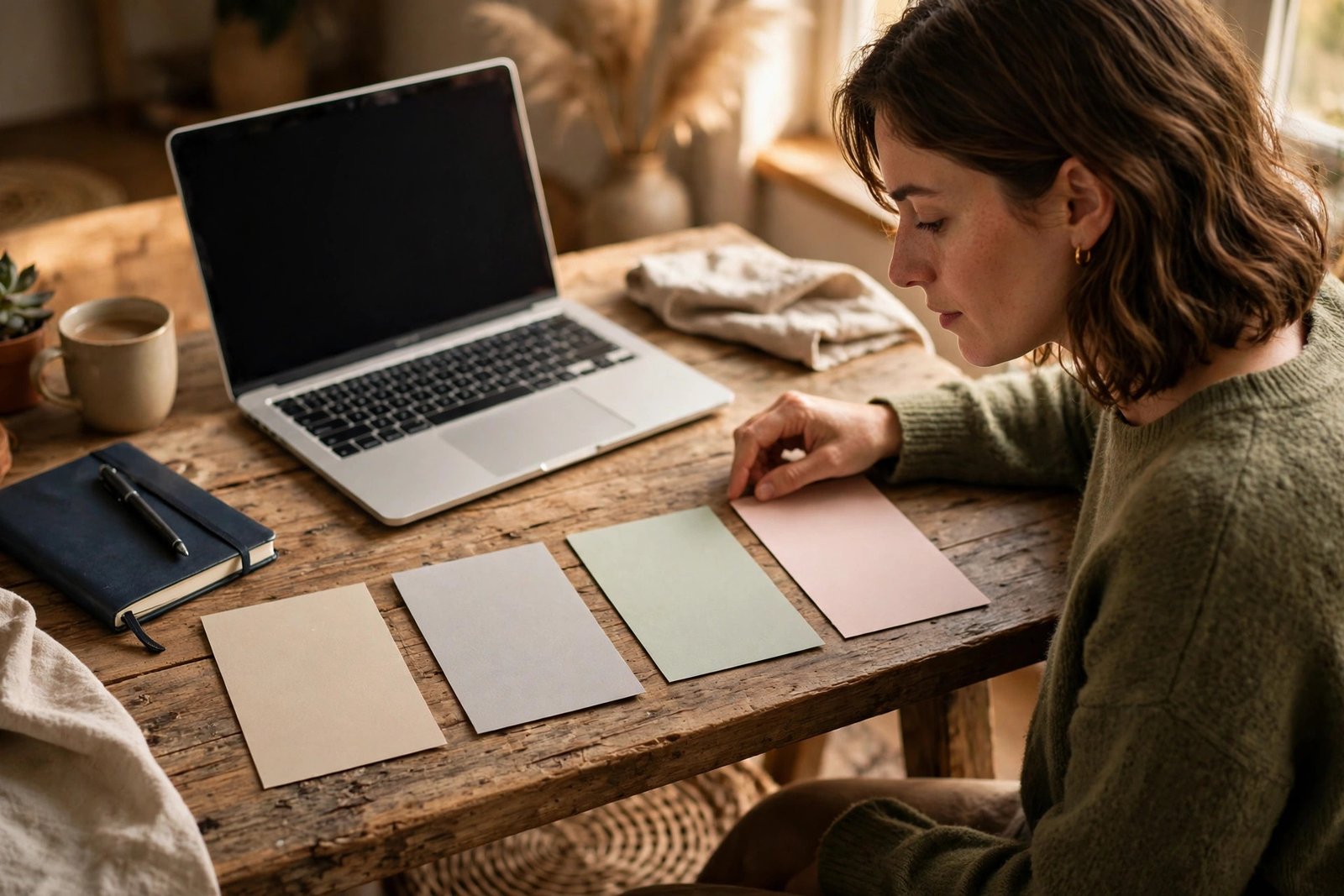 A person comparing four simple service options on cards laid out on a desk, with a laptop and notebook nearby