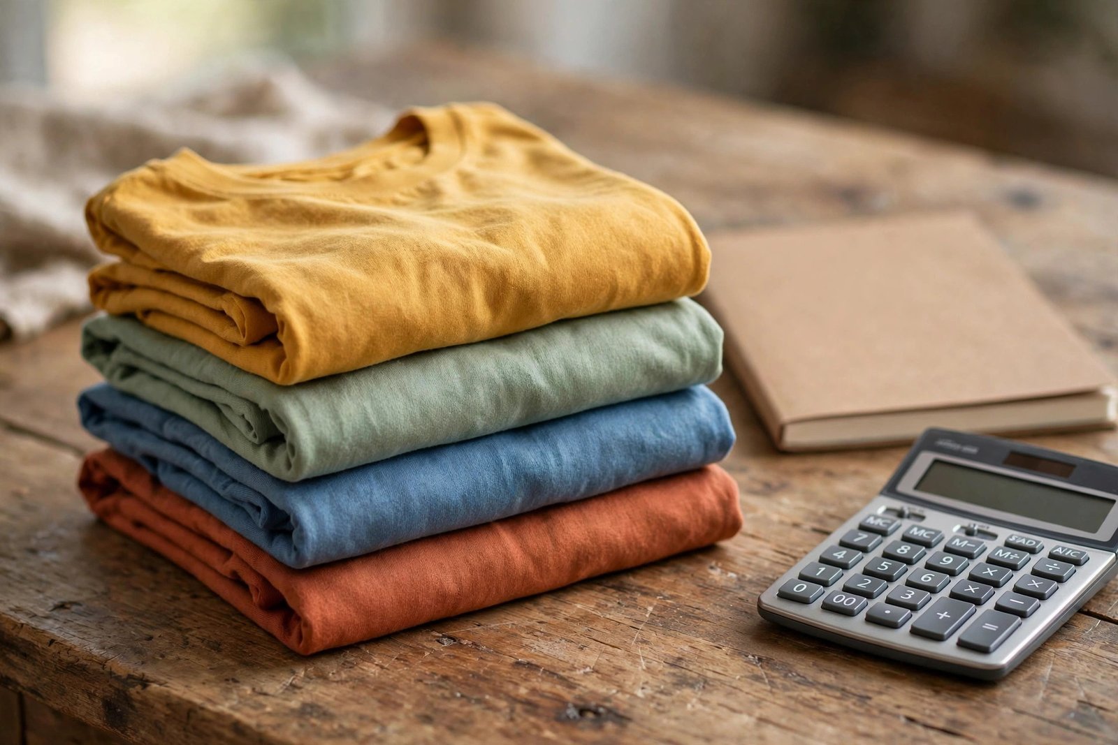 A small stack of folded printed t-shirts in different colours on a wooden table beside a notebook and a calculator