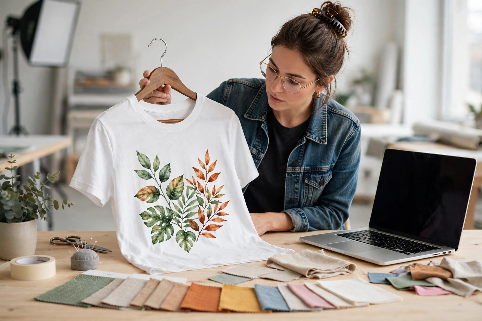 A designer checking a printed t-shirt sample on a hanger next to a laptop and fabric swatches in bright studio light
