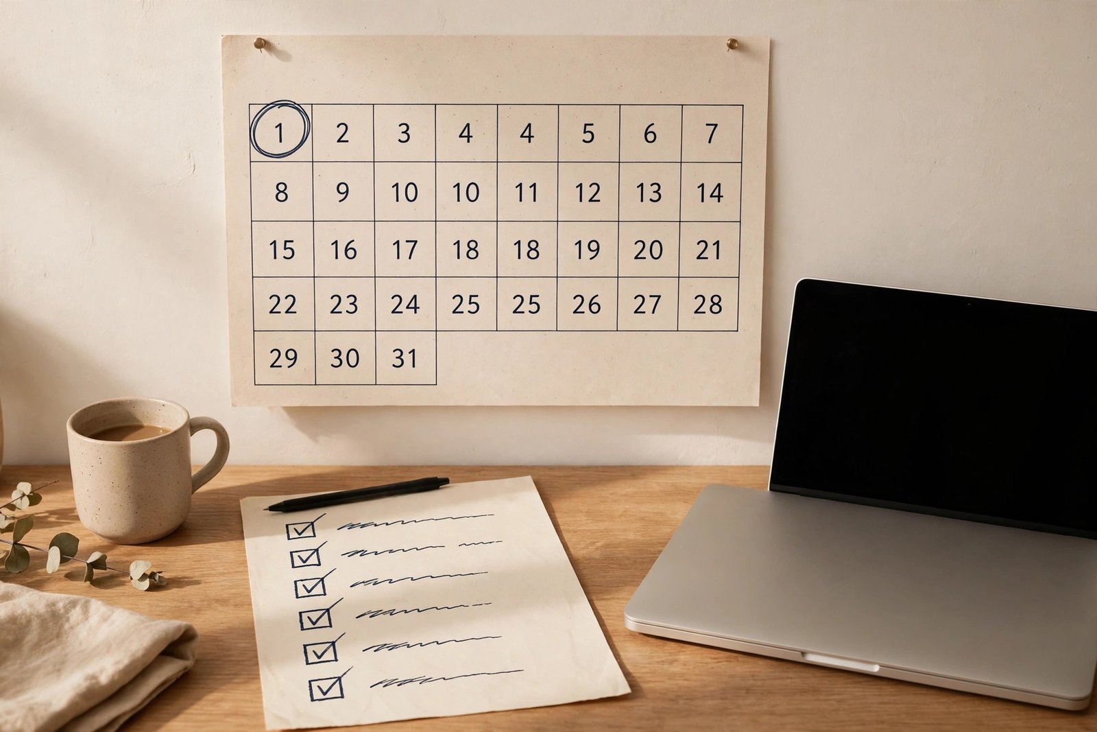 A calendar and notebook showing a simple 30 day plan for launching a new blog