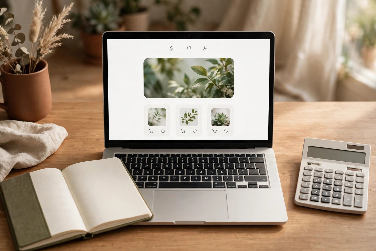A blogger reviewing income methods on a laptop with a notebook listing ads, affiliate links, sponsored posts, and products