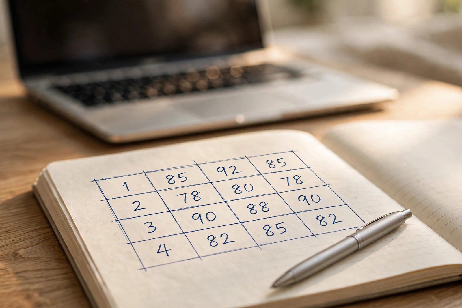 A printed scorecard rating three blog niche ideas on demand, competition, knowledge, and income potential