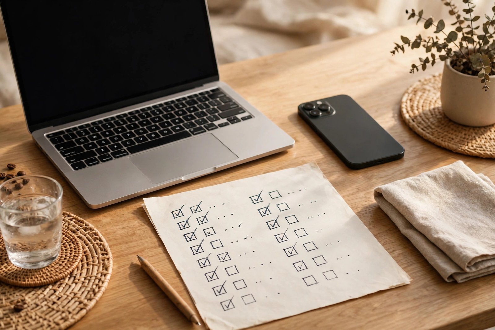A printed promotion checklist for a new blog post with email, social, and community steps ticked off