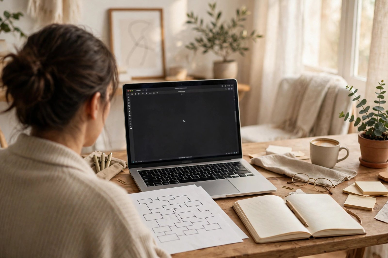A writer drafting a blog post at a desk with a search intent brief and heading outline beside the laptop
