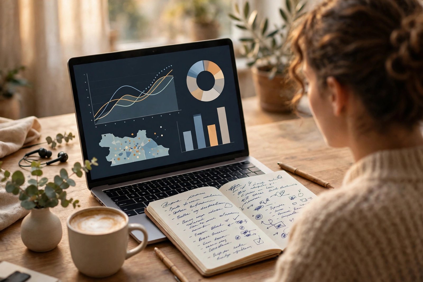 A notebook diagnosing blog traffic with notes on content, distribution, and returning visitors