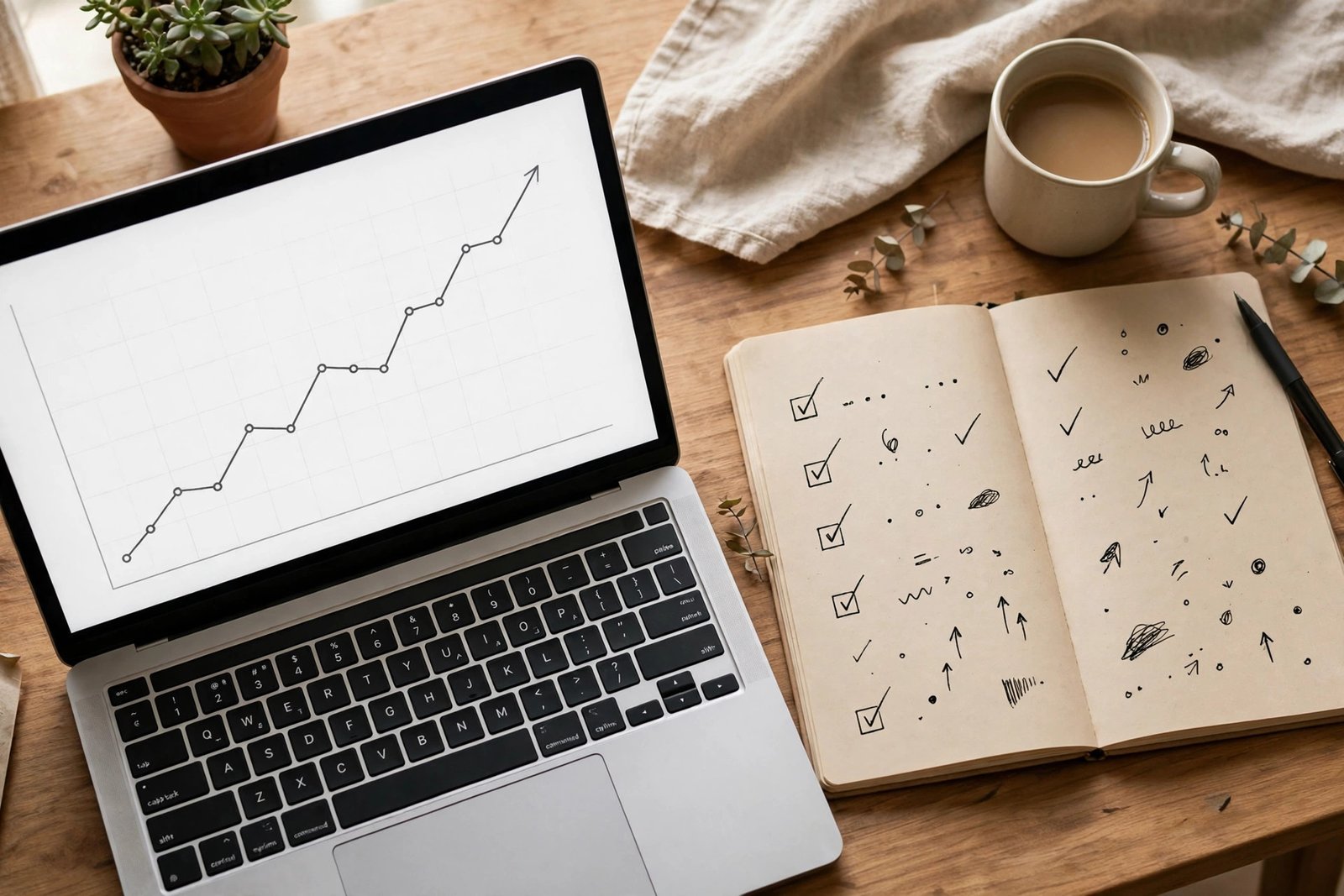 A blogger sharing a new blog post across email and social channels on a laptop with a simple traffic plan beside it