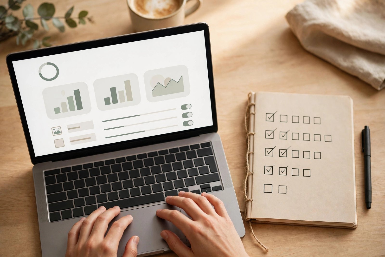 A WordPress dashboard on a laptop screen with a new blog theme being previewed