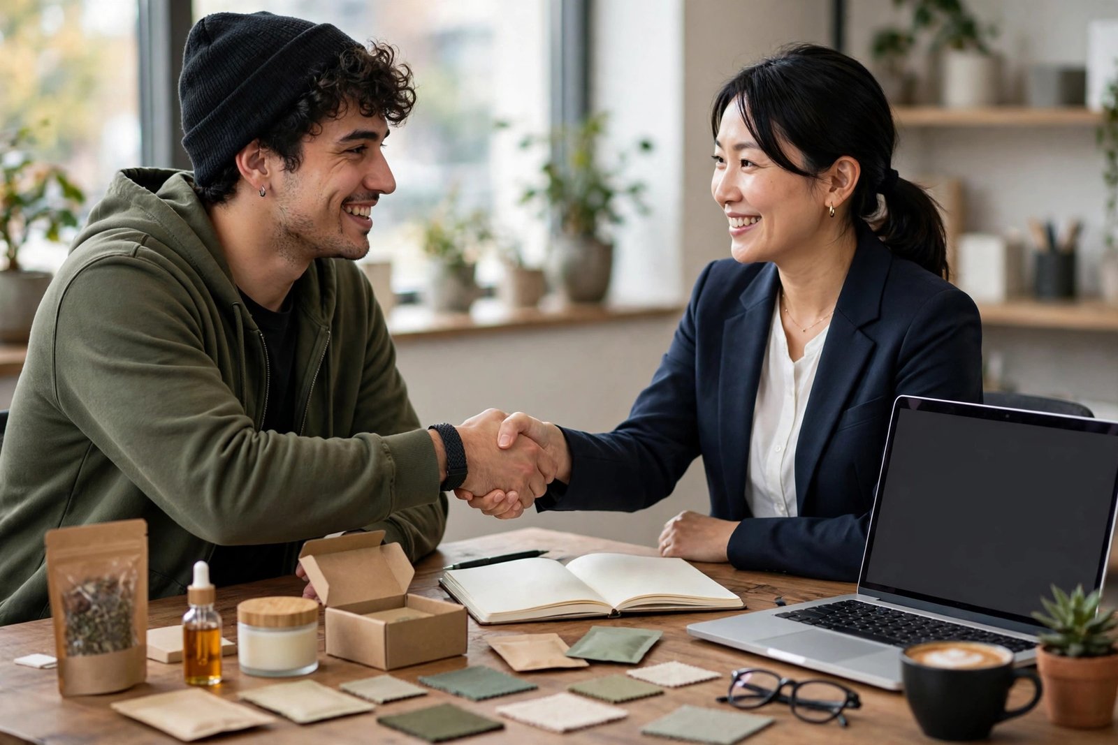 A creator shaking hands with a brand representative over a desk with product samples and a laptop