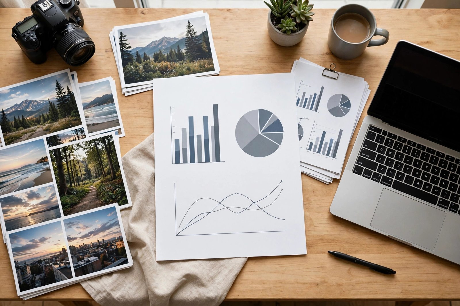 A one page creator media kit laid out on a desk with printed photos, charts, and a laptop