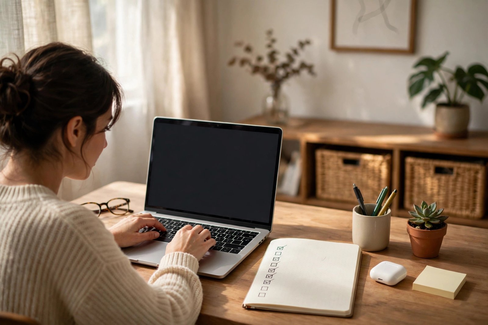 A creator sending outreach emails on a laptop with a notebook tracking list beside it