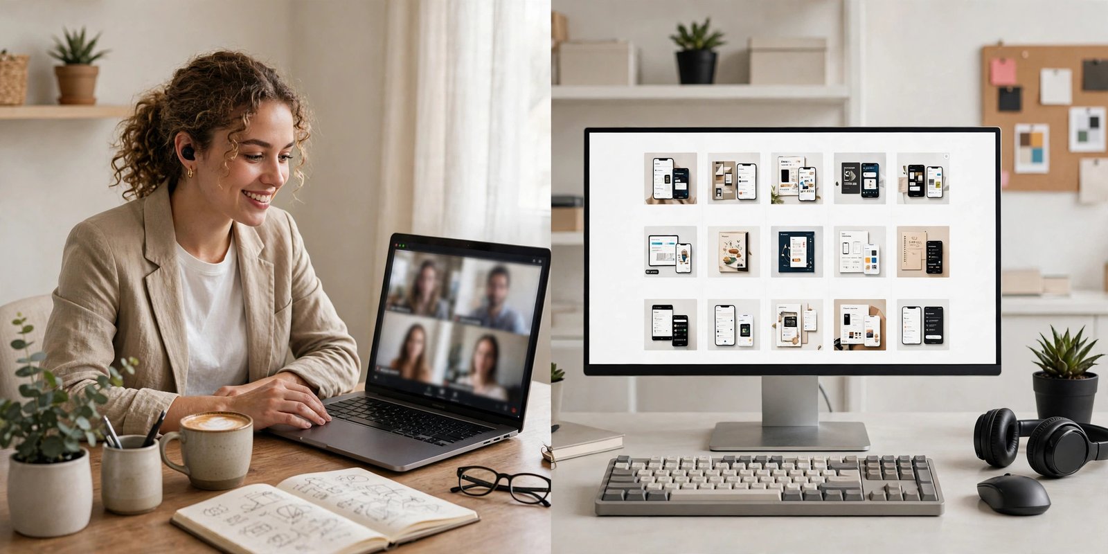 Two contrasting work setups, a service video call and a digital product shop on a screen
