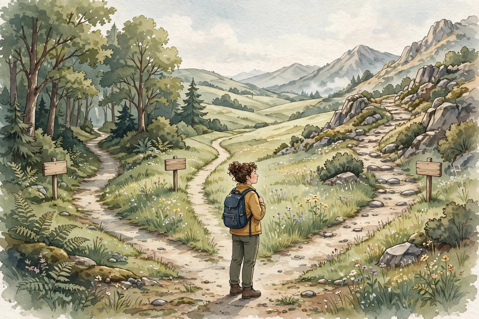 A person pausing at a fork in the road, choosing between different business paths