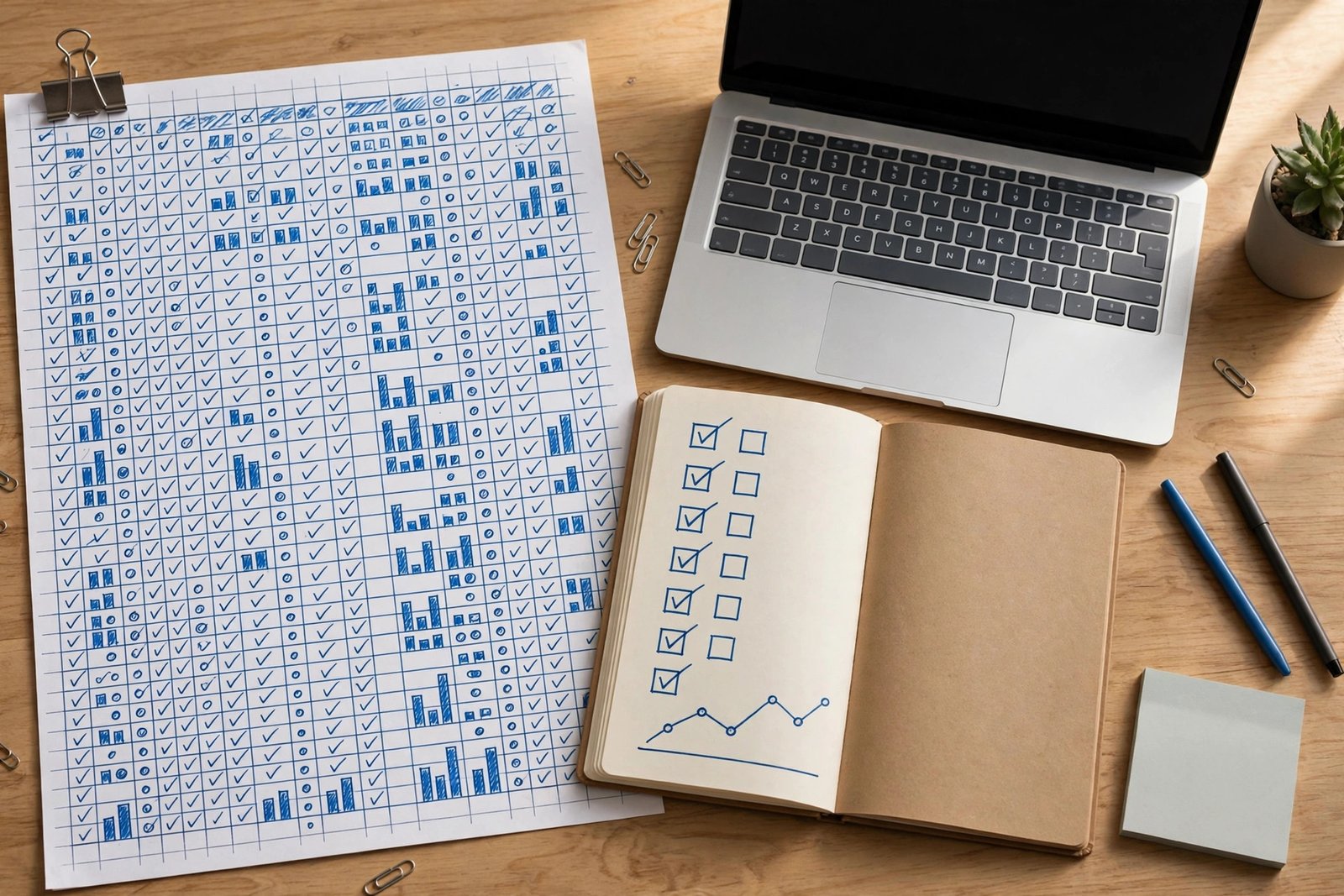 A simple tracking spreadsheet and notebook on a desk