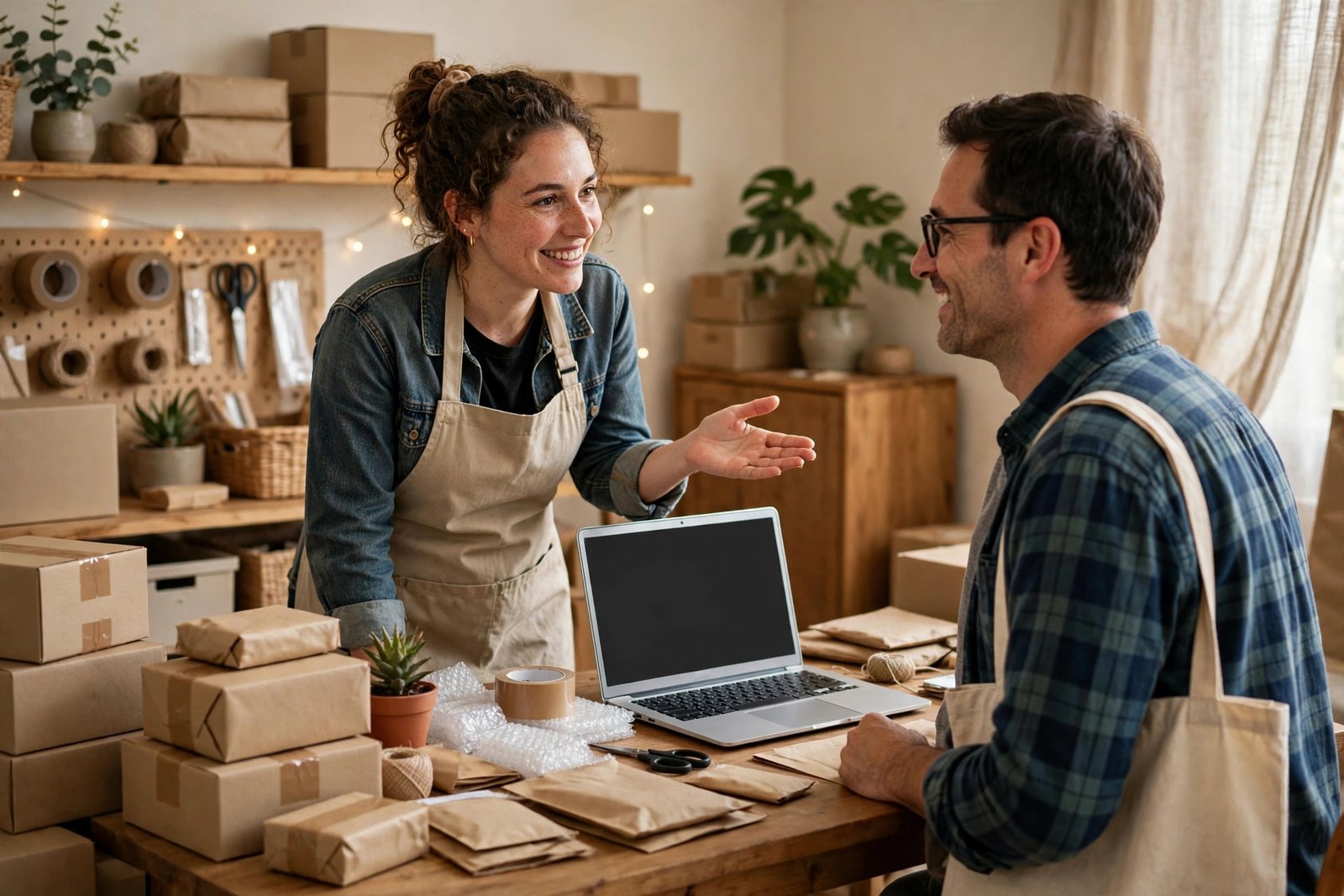 A new shop owner greeting a first customer at a small online store setup with a laptop and parcels