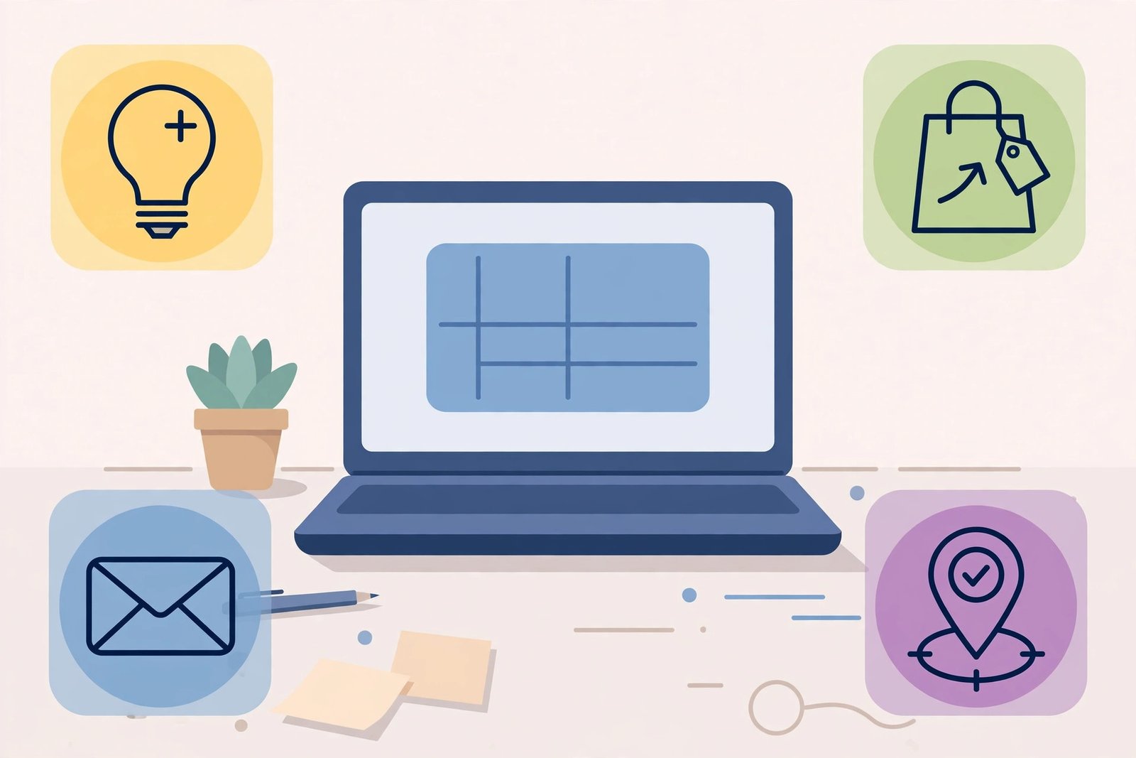 A laptop surrounded by simple icons for creation, selling, email, and tracking