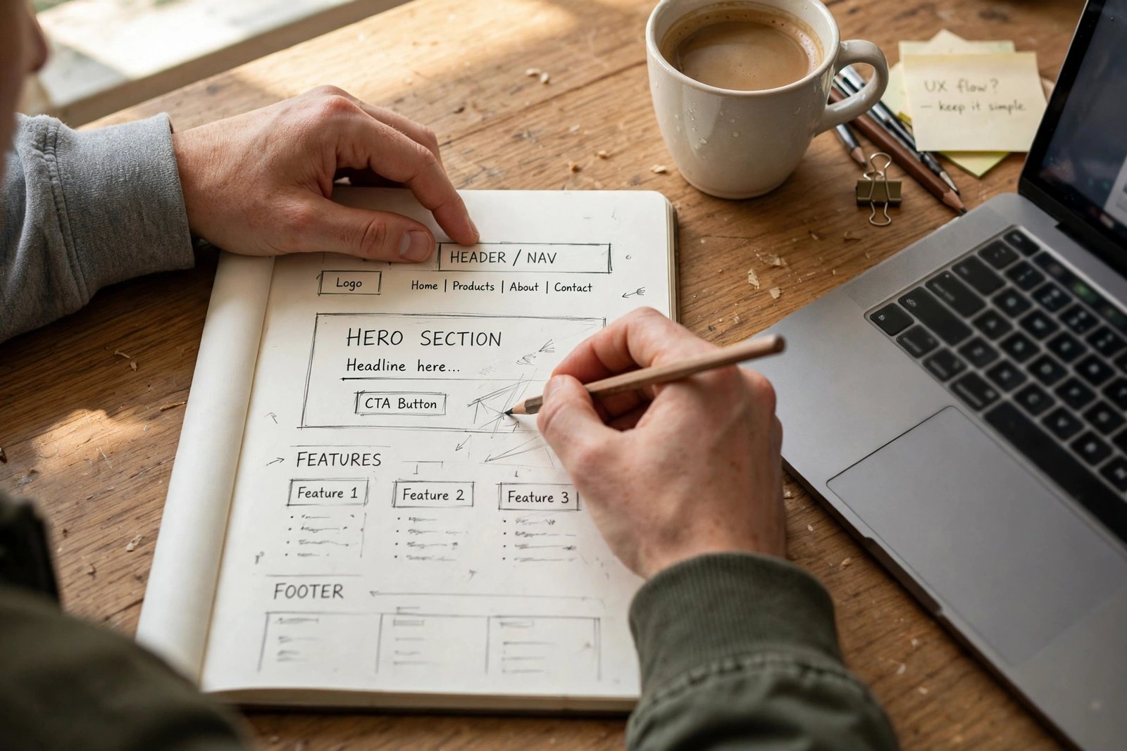 Close-up of hands sketching a website layout wireframe in a paper notebook next to a laptop