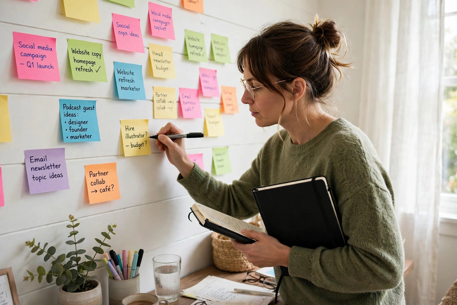 A person writing ideas on sticky notes on a bright home office wall