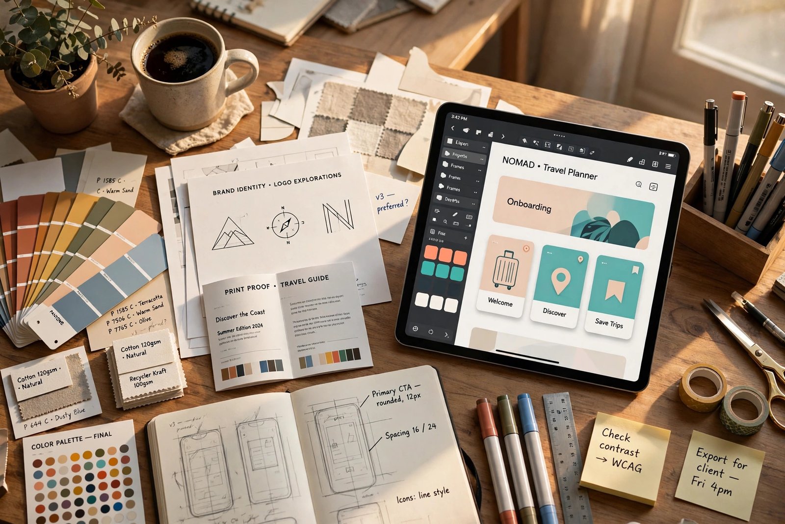 A designer's desk with printed project samples, color swatches, and a tablet showing design work
