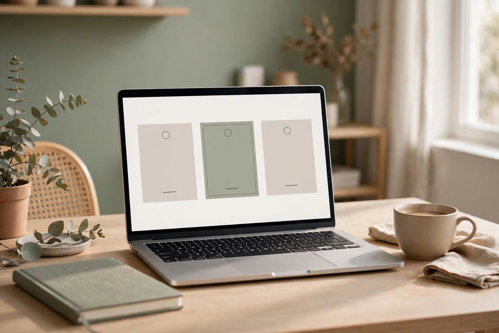A laptop screen showing three simple pricing tier cards, a notebook and a coffee cup on the desk