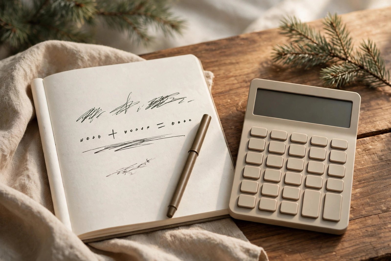 A notebook page with a simple handwritten calculation and a pen, a calculator beside it