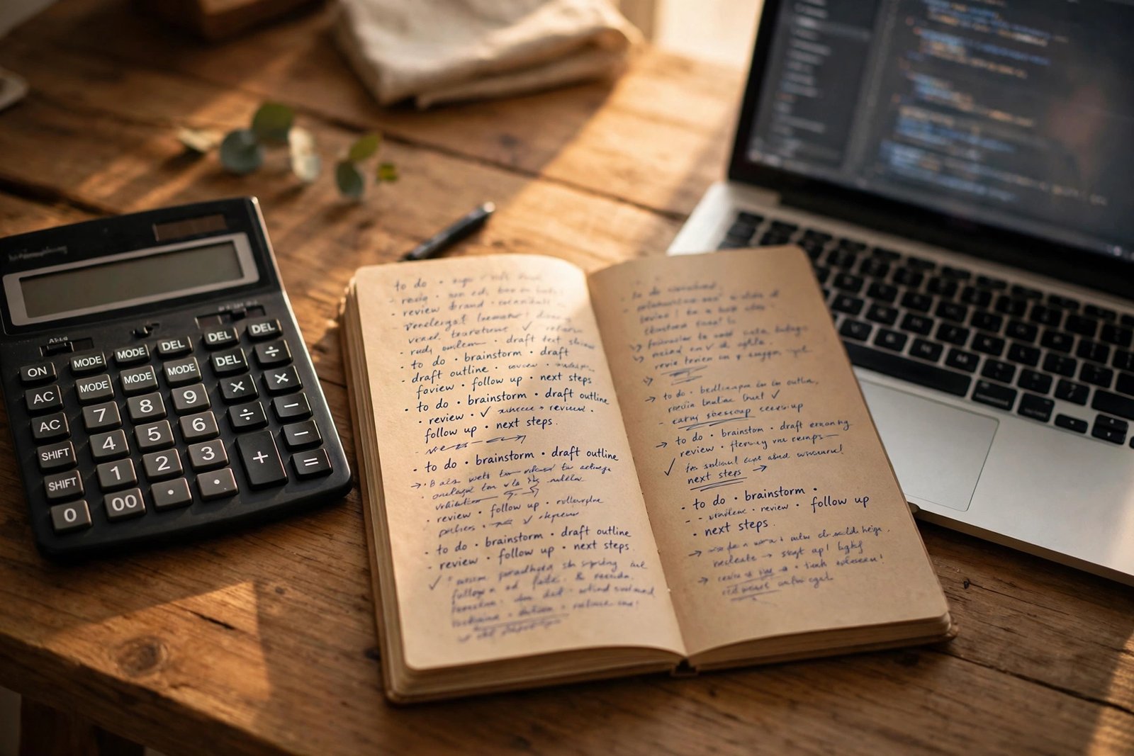 A calculator, a notebook with handwritten notes, and a laptop on a wooden desk