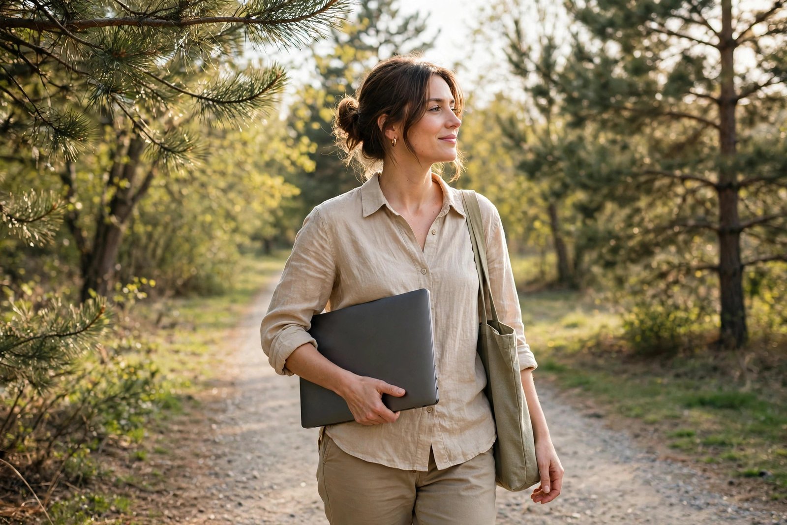 A freelancer closing a laptop and walking outdoors with a bag in bright daylight, relaxed after work