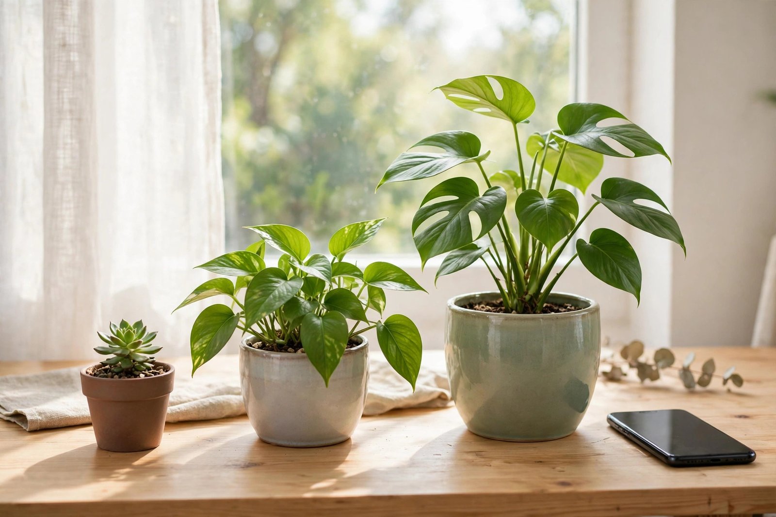 Three potted plants of increasing size beside a phone