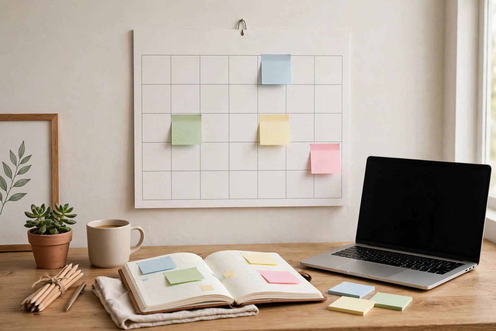A planner and calendar on a desk marking a 30 day business plan