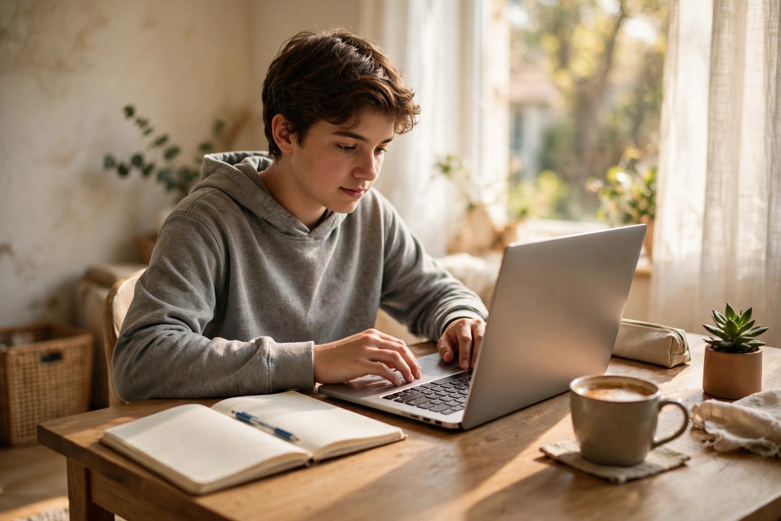 A beginner working on a laptop at a tidy home desk with a notebook and a cup of coffee in warm natural light