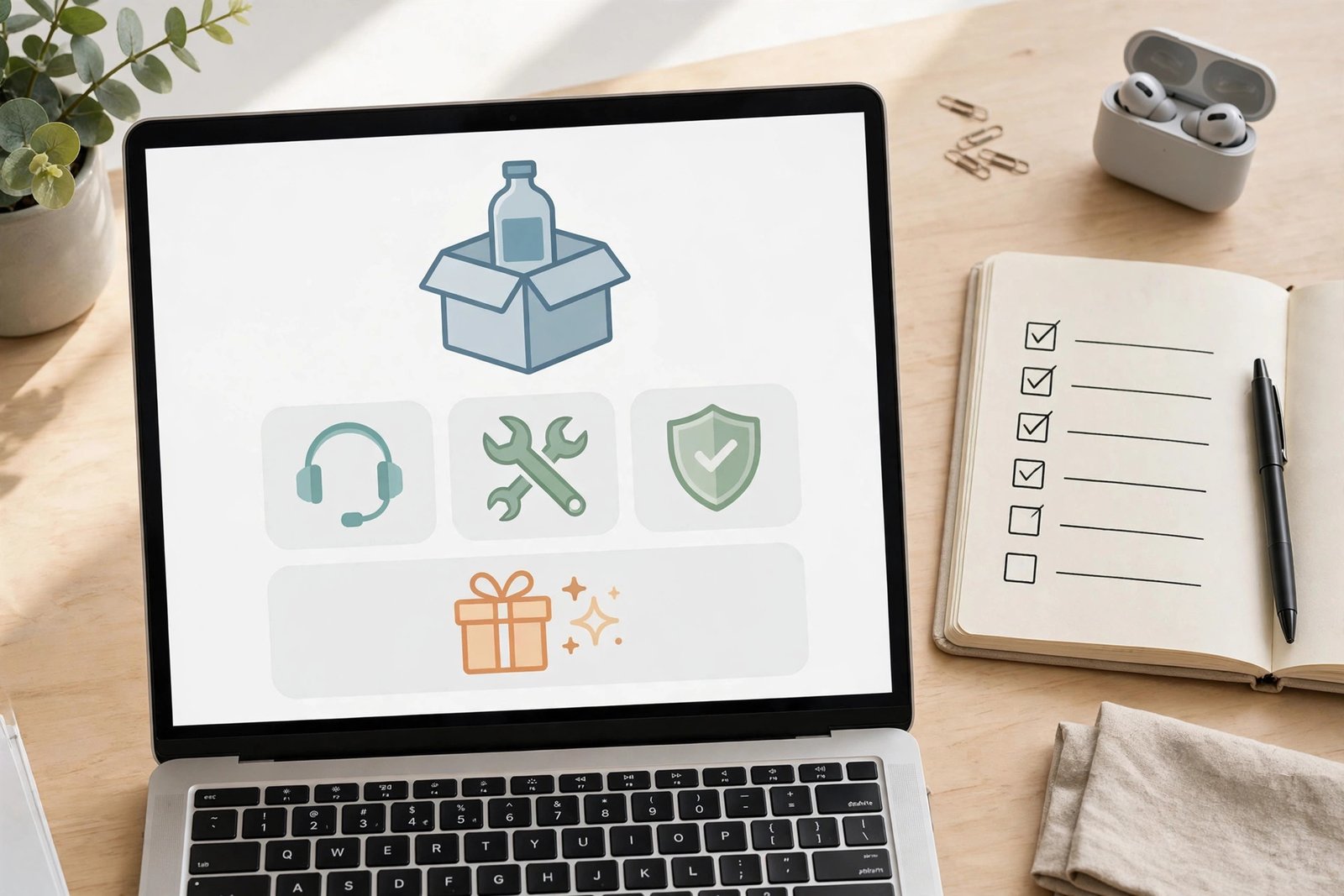A simple offer shown on a laptop with a notebook checklist beside it