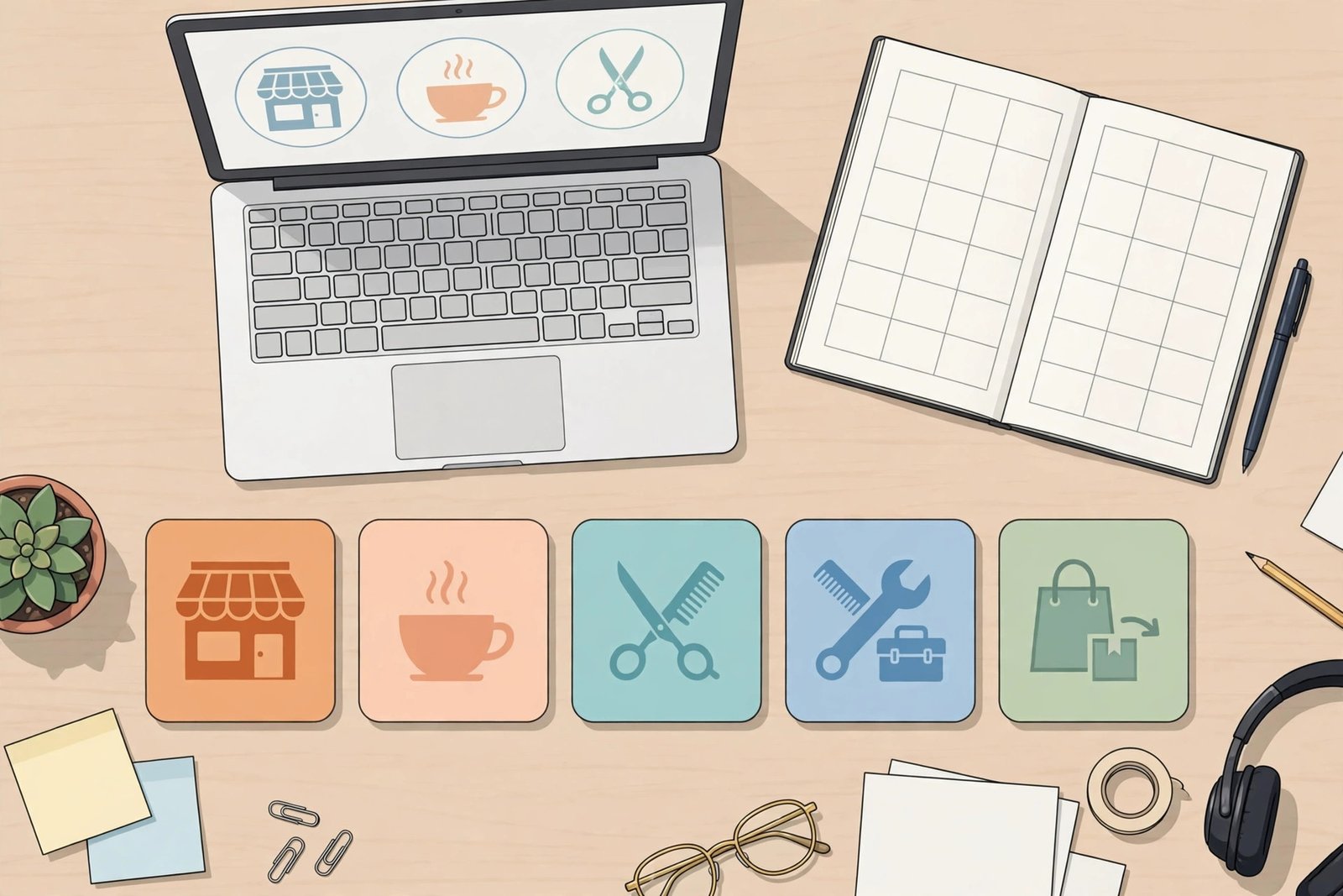A desk workspace with a laptop, notebook, and small business icons arranged to suggest comparing different business models
