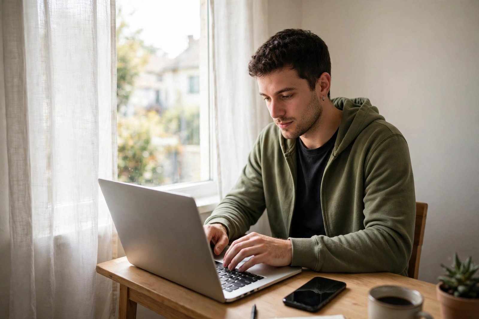 A person starting a business with only a phone and a laptop at a small home desk in bright natural light