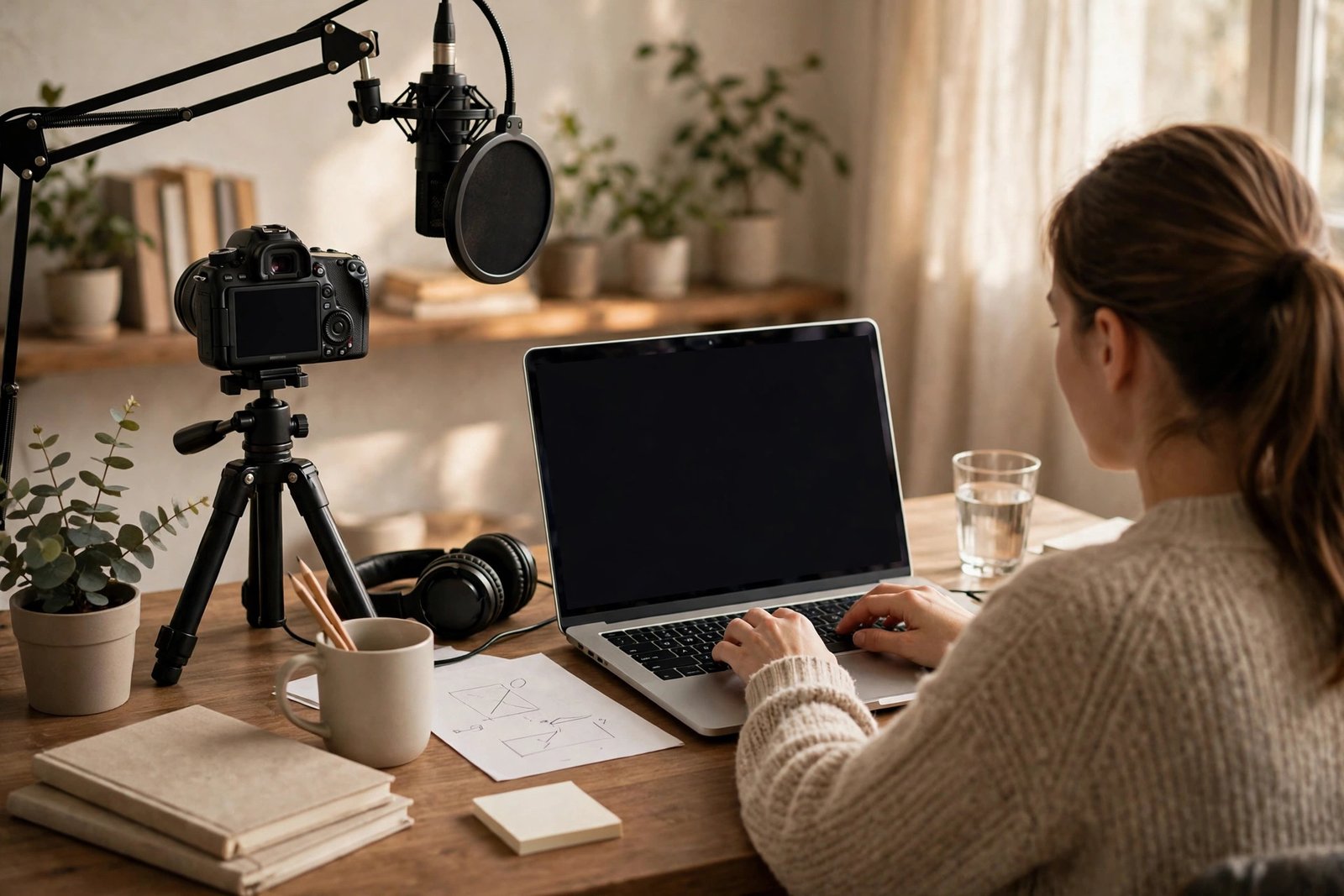 An online course creator recording a lesson at a simple home desk setup