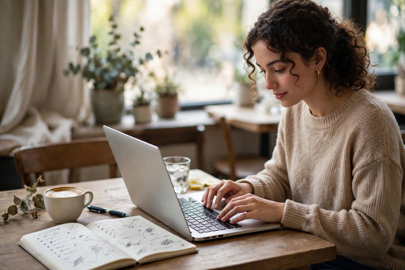 A person writing a short friendly message on a laptop in a cafe