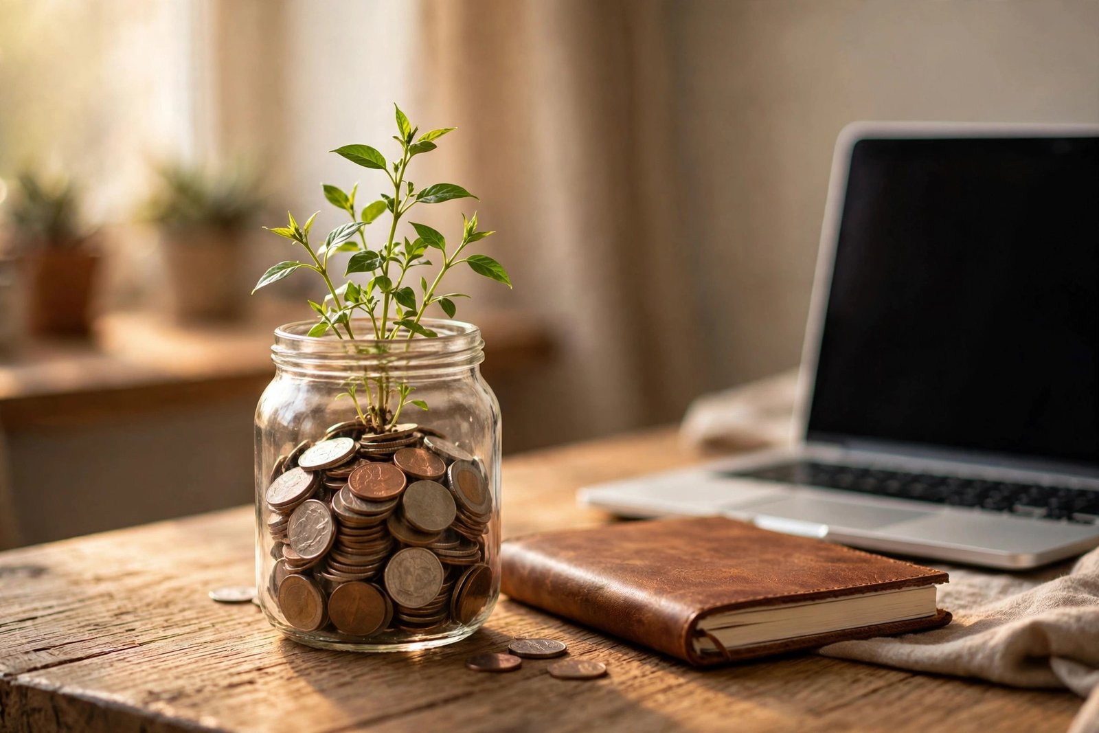 A small plant growing from coins in a jar beside a notebook and laptop