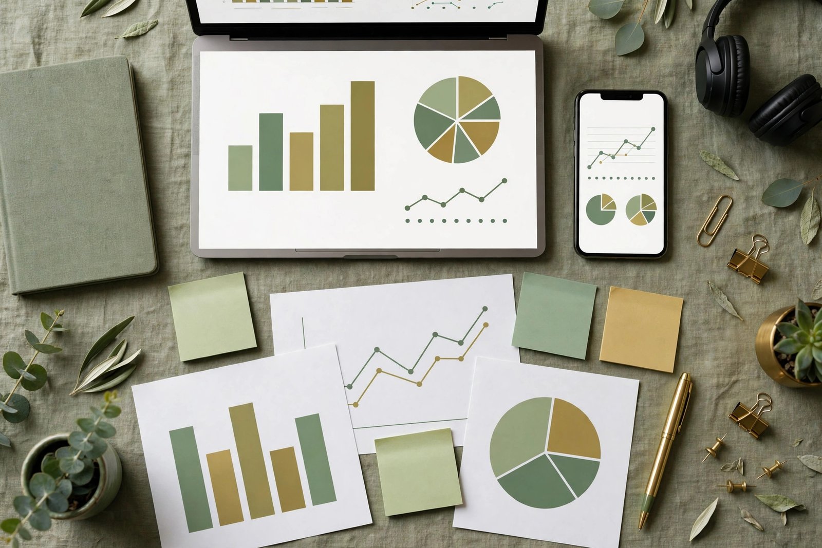 A creator reviewing audience insights on a phone and laptop with printed charts on a desk