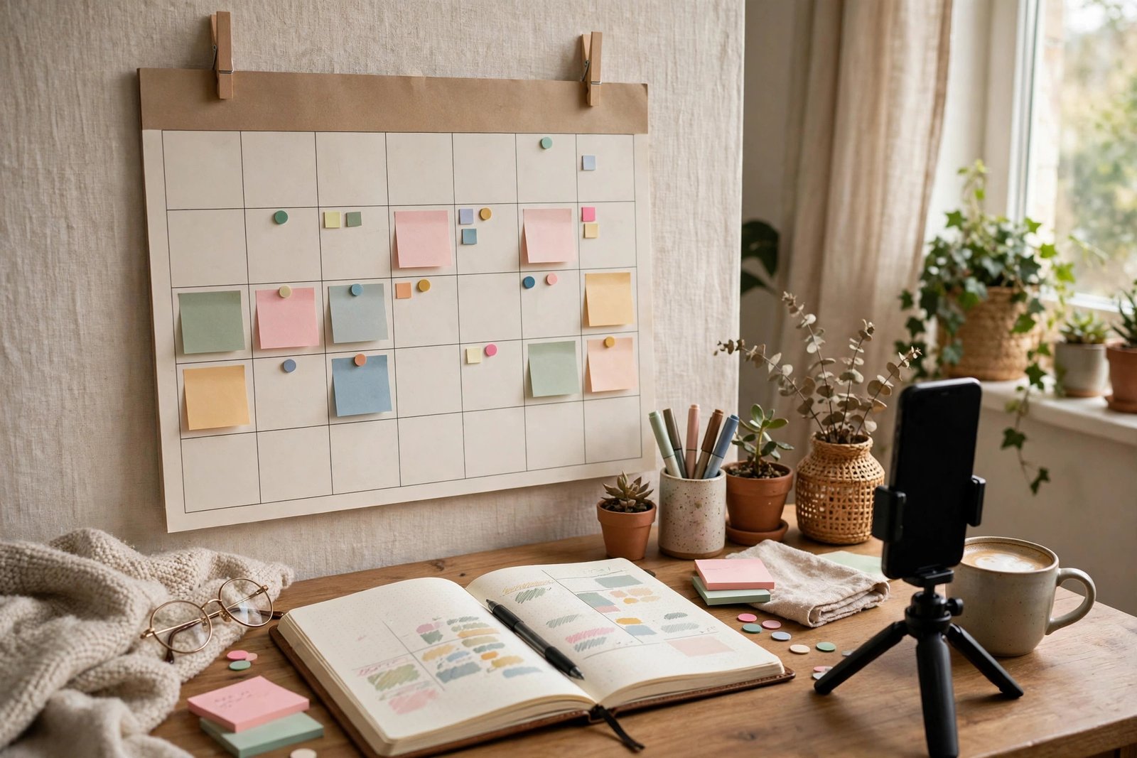 A creator planning a month of content on a wall calendar with a notebook and a phone on a tripod
