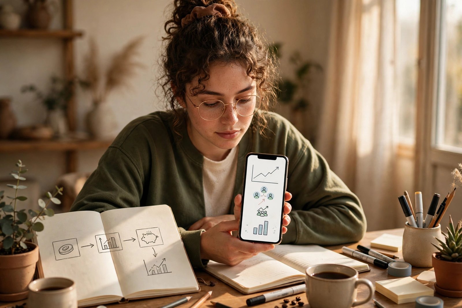 A small creator at a desk with a phone showing a growing community and a notebook with a simple income plan