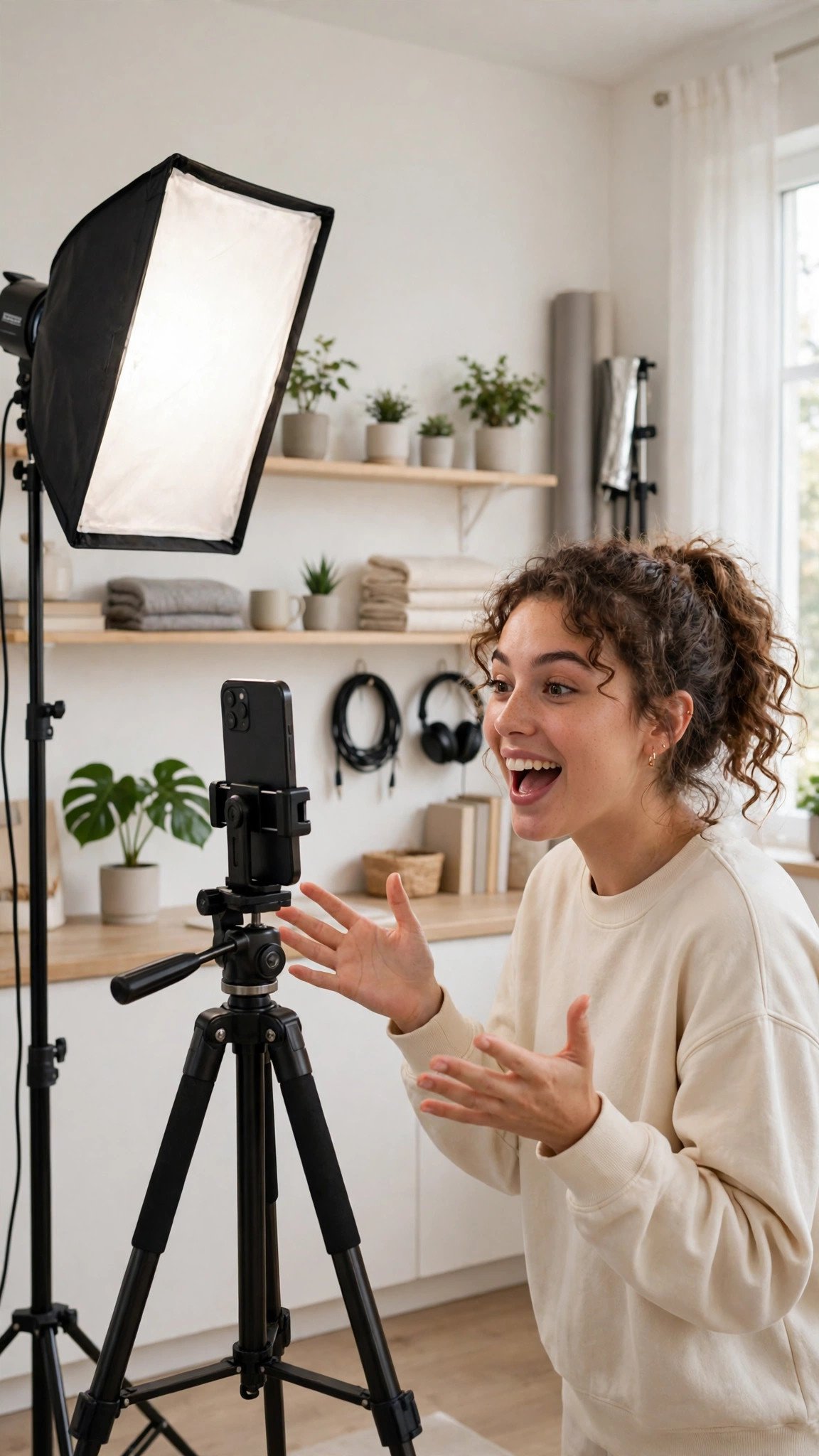 A creator recording a short vertical video on a phone in a bright home studio with a tripod and softbox light