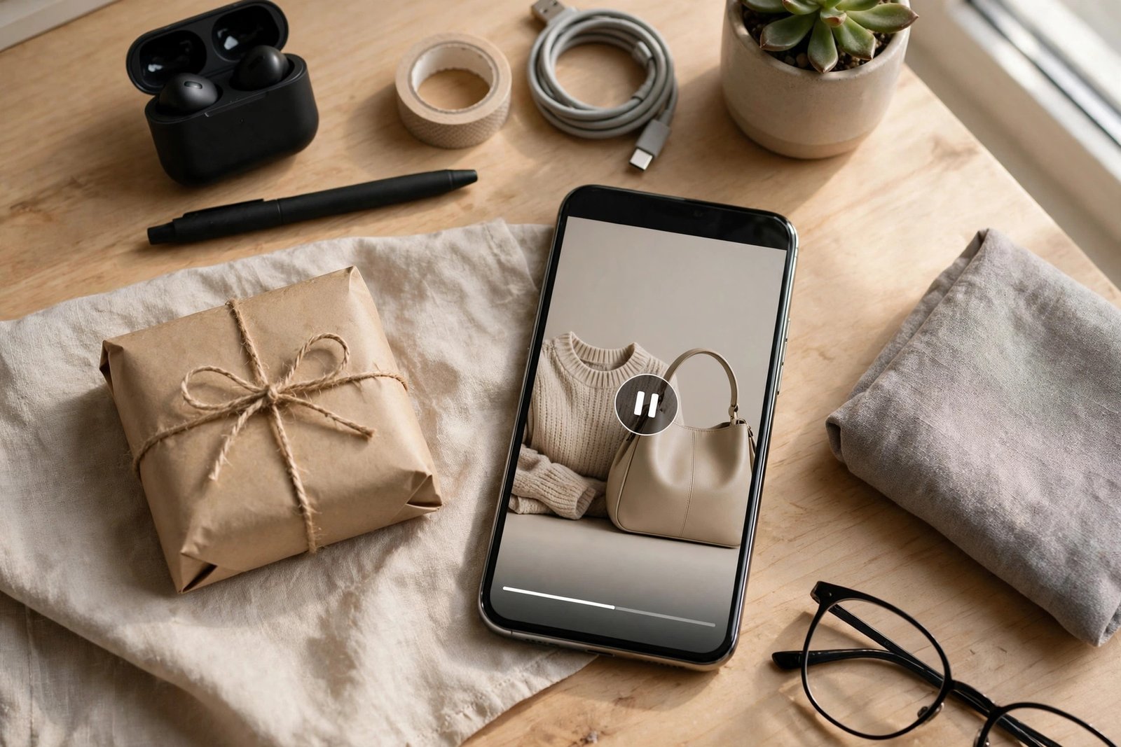 A small product parcel and a phone showing a shopping video setup on a desk