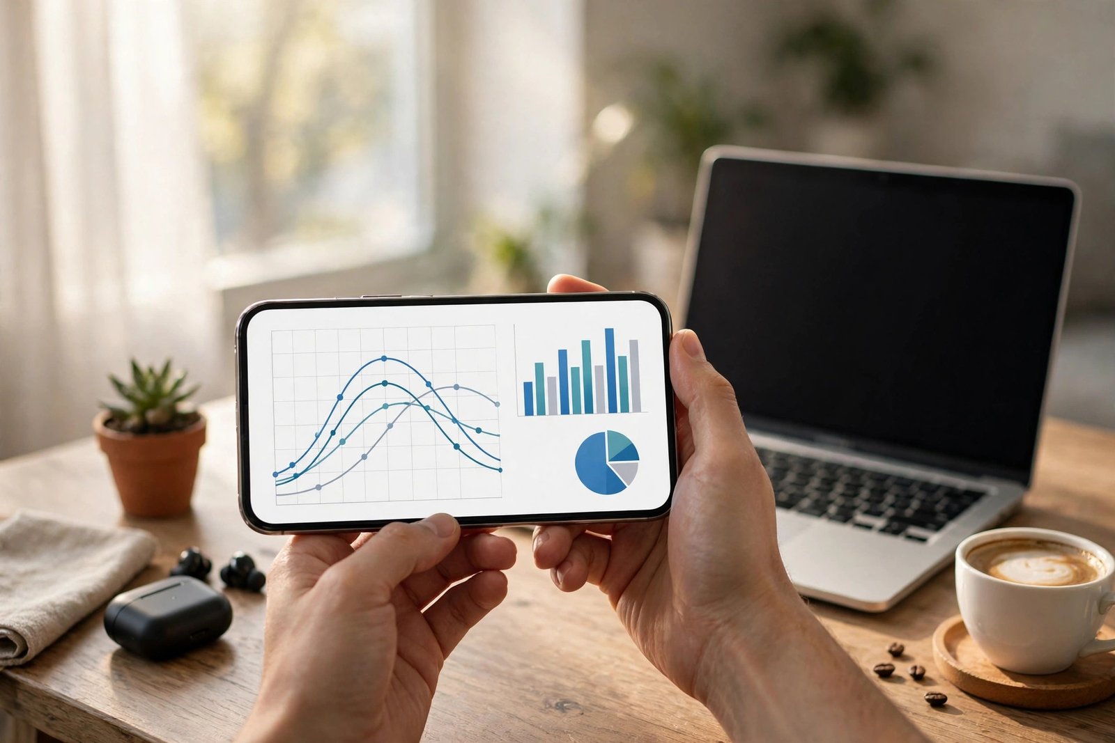 Hands holding a phone showing video analytics charts, with a laptop and coffee on a desk