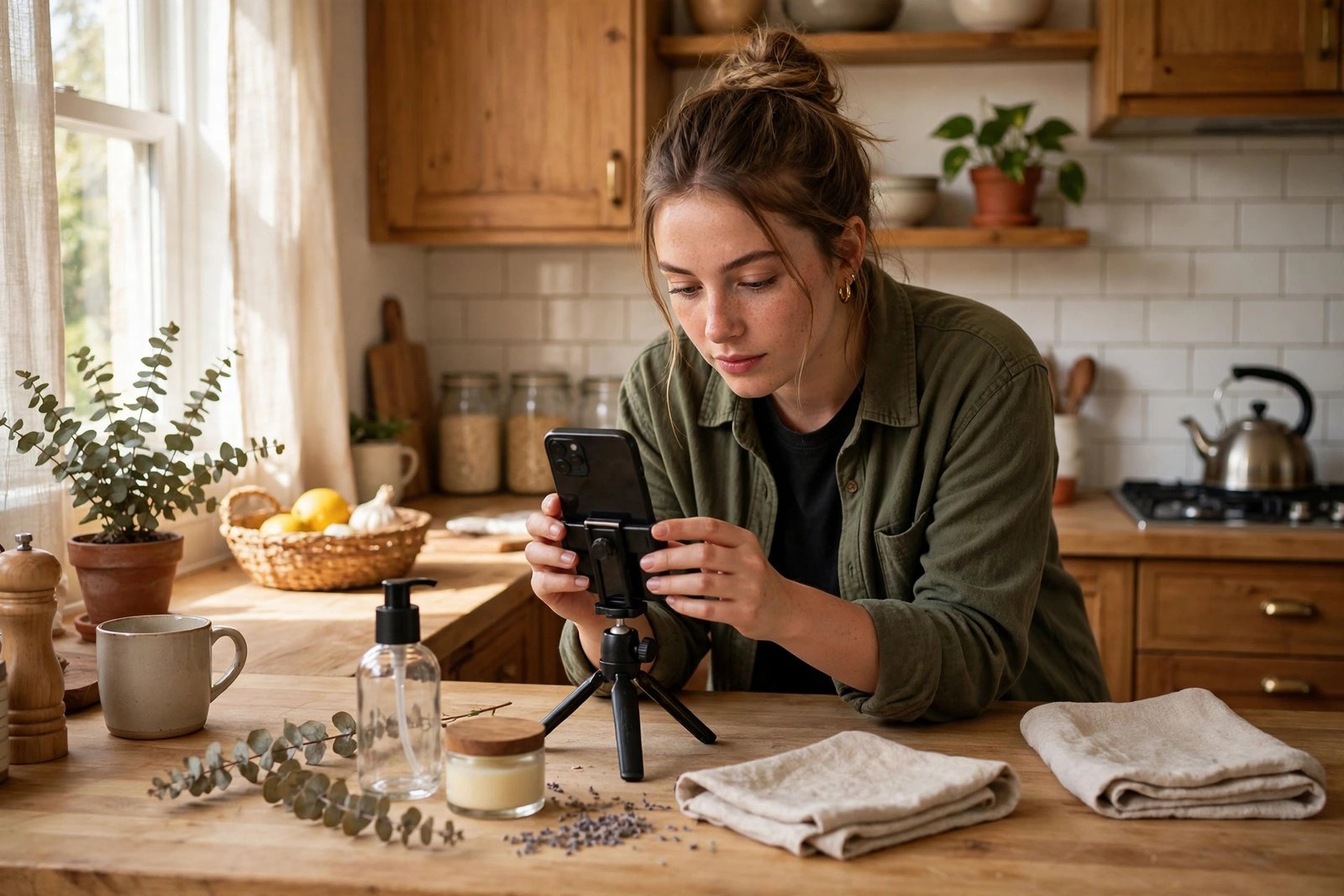A creator filming a product demo video with a phone and small tripod on a kitchen counter in natural light