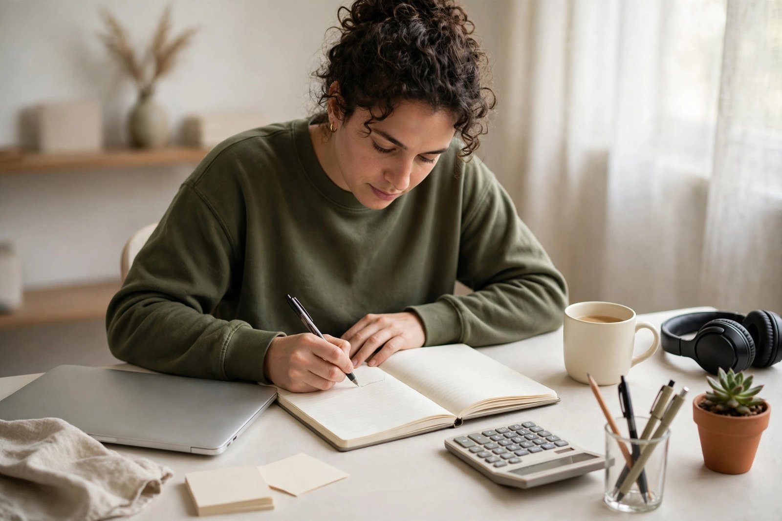 A creator writing pricing notes in a notebook at a desk with a laptop and calculator