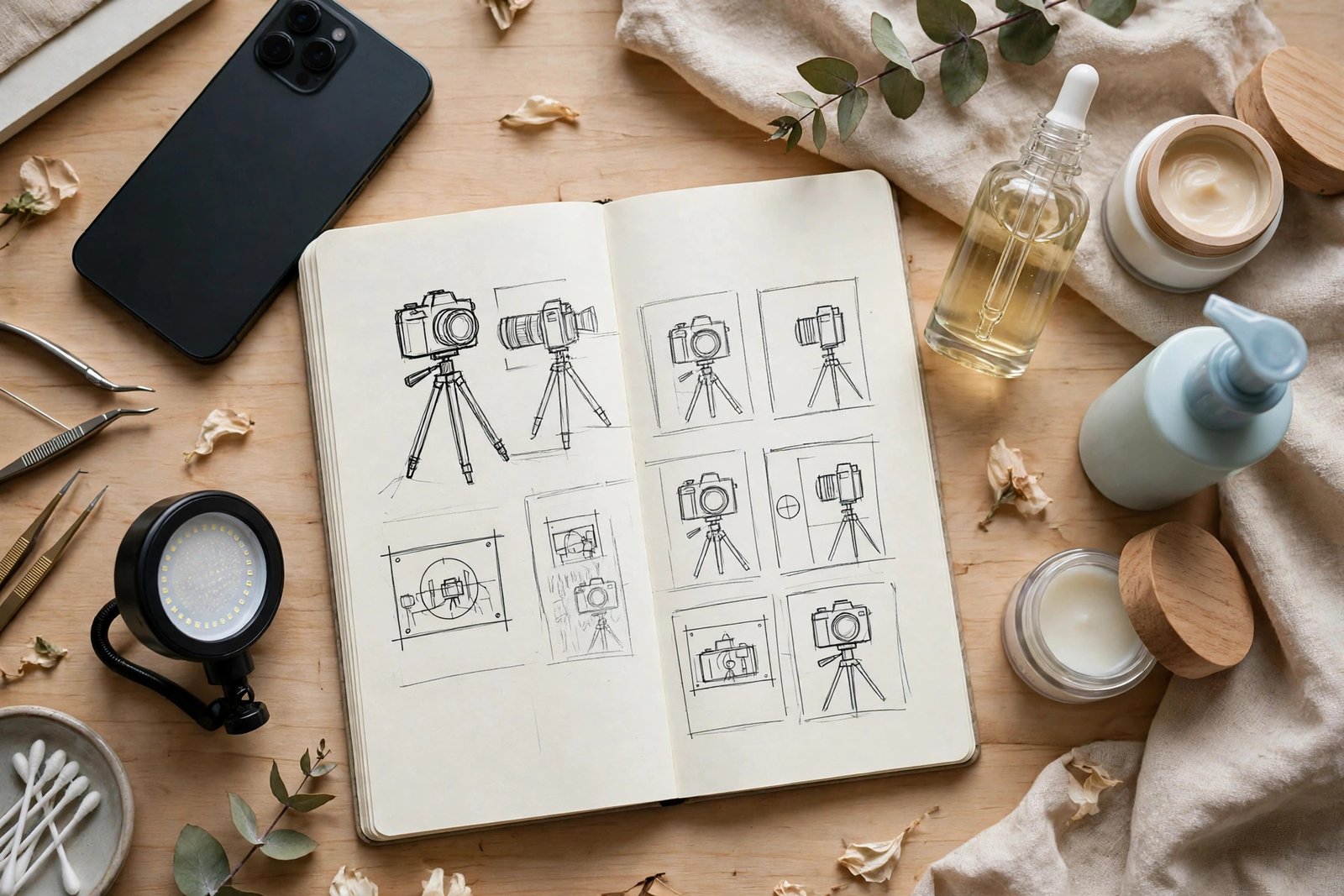 An overhead view of a creator workspace with a phone, skincare products, a notebook with shot list sketches, and a small light
